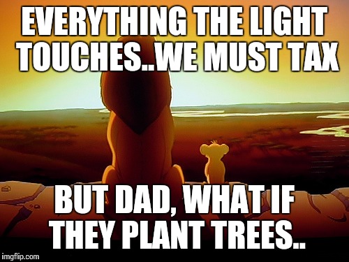 Lion King | EVERYTHING THE LIGHT TOUCHES..WE MUST TAX; BUT DAD, WHAT IF THEY PLANT TREES.. | image tagged in memes,lion king | made w/ Imgflip meme maker