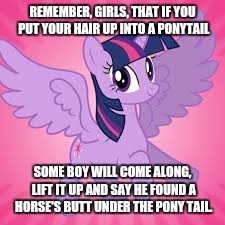 What do girls hide under their Ponytail? | REMEMBER, GIRLS, THAT IF YOU PUT YOUR HAIR UP INTO A PONYTAIL; SOME BOY WILL COME ALONG, LIFT IT UP AND SAY HE FOUND A HORSE'S BUTT UNDER THE PONY TAIL. | image tagged in hair  style,ponytail,mlp,my little pony | made w/ Imgflip meme maker