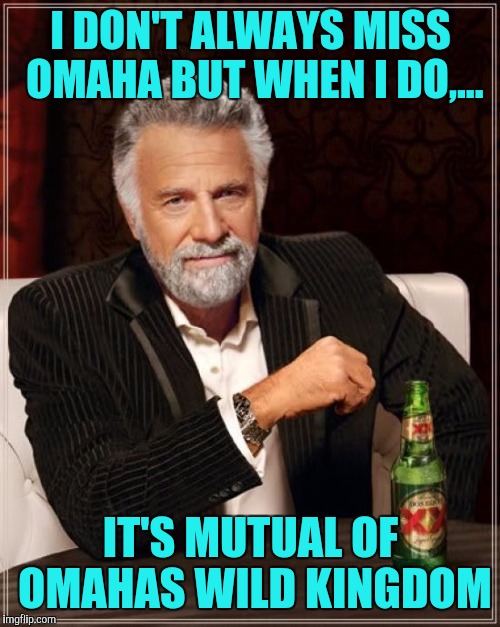 The Most Interesting Man In The World Meme | I DON'T ALWAYS MISS OMAHA BUT WHEN I DO,... IT'S MUTUAL OF OMAHAS WILD KINGDOM | image tagged in memes,the most interesting man in the world | made w/ Imgflip meme maker