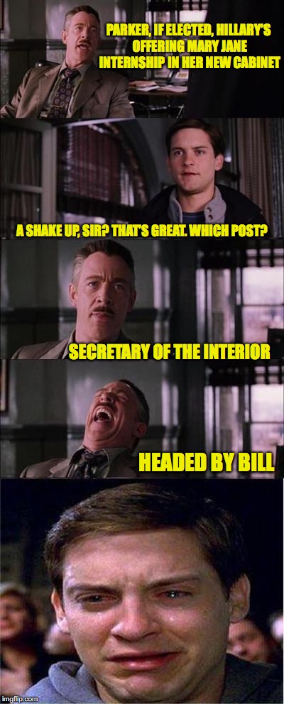 Peter Parker Cry Meme | PARKER, IF ELECTED, HILLARY’S OFFERING MARY JANE INTERNSHIP IN HER NEW CABINET; A SHAKE UP, SIR? THAT’S GREAT. WHICH POST? SECRETARY OF THE INTERIOR; HEADED BY BILL | image tagged in memes,peter parker cry | made w/ Imgflip meme maker