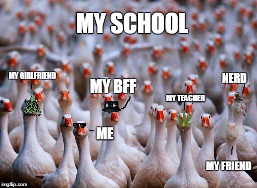 my school | MY SCHOOL; MY GIRLFRIEND; NERD; MY BFF; MY TEACHER; ME; MY FRIEND | image tagged in school,mlg,friends,template | made w/ Imgflip meme maker