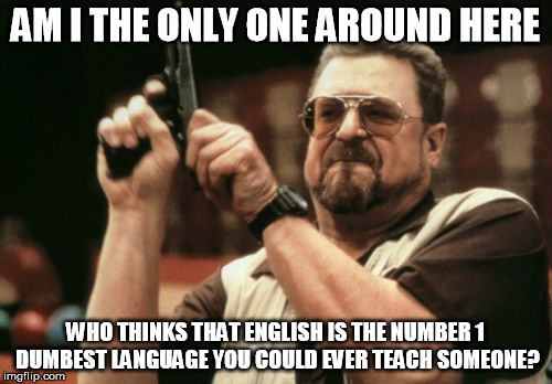 Am I The Only One Around Here Meme | AM I THE ONLY ONE AROUND HERE WHO THINKS THAT ENGLISH IS THE NUMBER 1 DUMBEST LANGUAGE YOU COULD EVER TEACH SOMEONE? | image tagged in memes,am i the only one around here | made w/ Imgflip meme maker