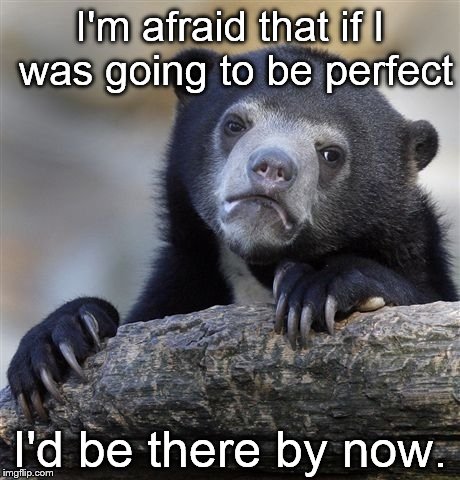 Confession Bear Meme | I'm afraid that if I was going to be perfect I'd be there by now. | image tagged in memes,confession bear | made w/ Imgflip meme maker