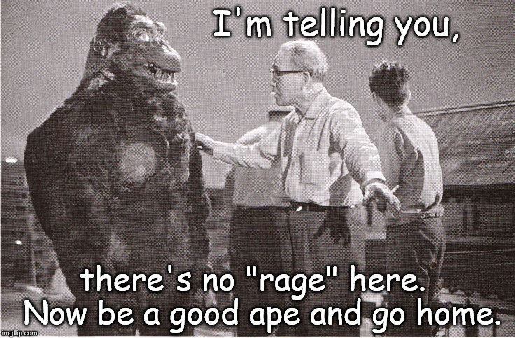 Kong with Director | I'm telling you, there's no "rage" here.  Now be a good ape and go home. | image tagged in kong with director | made w/ Imgflip meme maker