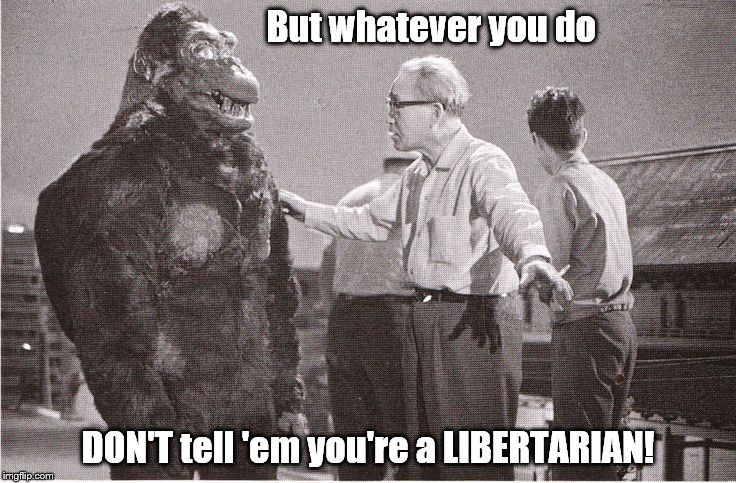 Kong with Director | But whatever you do DON'T tell 'em you're a LIBERTARIAN! | image tagged in kong with director | made w/ Imgflip meme maker