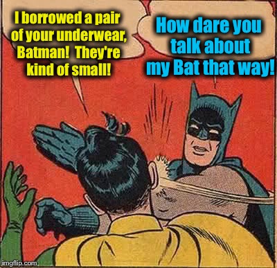 Batman Slapping Robin Meme | How dare you talk about my Bat that way! I borrowed a pair of your underwear, Batman!  They're kind of small! | image tagged in memes,batman slapping robin,evilmandoevil,funny | made w/ Imgflip meme maker