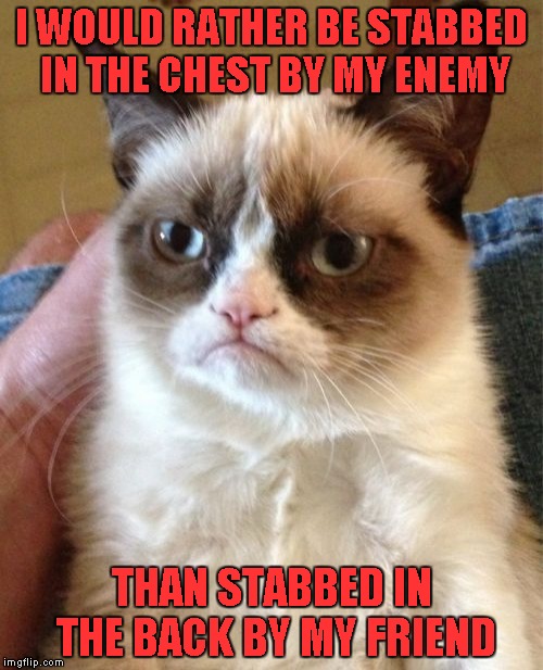 The sad thing about betrayal is that it never comes from your enemies. | I WOULD RATHER BE STABBED IN THE CHEST BY MY ENEMY; THAN STABBED IN THE BACK BY MY FRIEND | image tagged in memes,grumpy cat | made w/ Imgflip meme maker