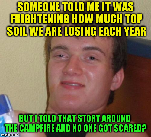 10 Guy | SOMEONE TOLD ME IT WAS FRIGHTENING HOW MUCH TOP SOIL WE ARE LOSING EACH YEAR; BUT I TOLD THAT STORY AROUND THE CAMPFIRE AND NO ONE GOT SCARED? | image tagged in memes,10 guy,scary story,funny meme,campfire,laughs | made w/ Imgflip meme maker