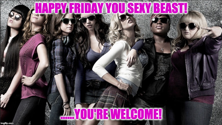 HAPPY FRIDAY YOU SEXY BEAST! ......YOU'RE WELCOME! | image tagged in pitchperfect,happyfriday | made w/ Imgflip meme maker