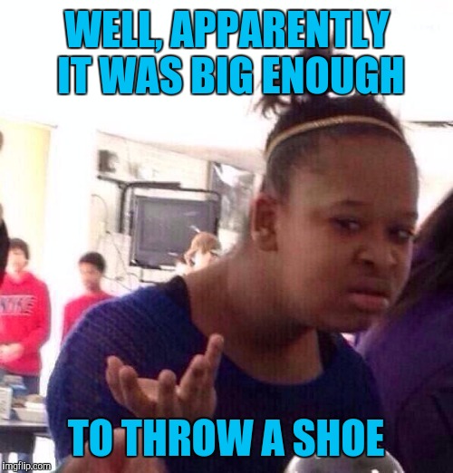 Black Girl Wat Meme | WELL, APPARENTLY IT WAS BIG ENOUGH TO THROW A SHOE | image tagged in memes,black girl wat | made w/ Imgflip meme maker