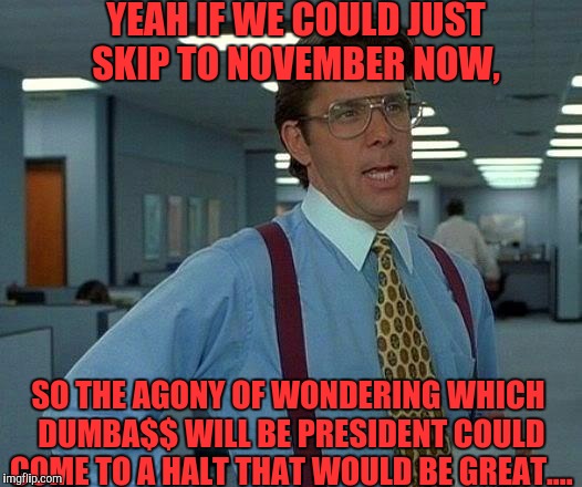 At least one dumba$$ can then be eliminated right? | YEAH IF WE COULD JUST SKIP TO NOVEMBER NOW, SO THE AGONY OF WONDERING WHICH DUMBA$$ WILL BE PRESIDENT COULD COME TO A HALT THAT WOULD BE GREAT.... | image tagged in memes,that would be great,president,presidential race,hillary clinton,donald trump | made w/ Imgflip meme maker
