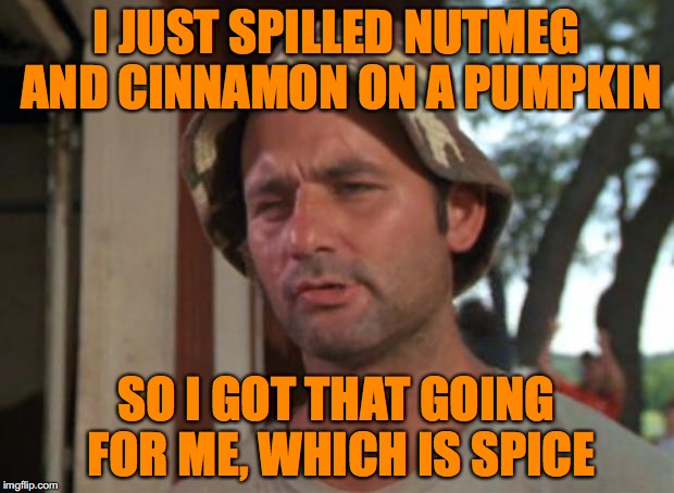 Nothing says summer is over like putting spicy pumpkin flavor in everything you eat or drink. | I JUST SPILLED NUTMEG AND CINNAMON ON A PUMPKIN; SO I GOT THAT GOING FOR ME, WHICH IS SPICE | image tagged in memes,so i got that goin for me which is nice,pumpkin spice,summer,fall,bill murray | made w/ Imgflip meme maker