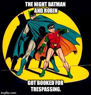 Busted! | THE NIGHT BATMAN AND ROBIN; GOT BOOKED FOR TRESPASSING. | image tagged in batman and robin,batman,robin | made w/ Imgflip meme maker