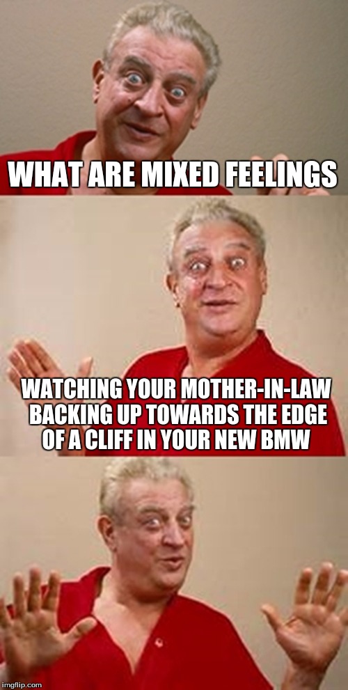 bad pun Dangerfield  | WHAT ARE MIXED FEELINGS; WATCHING YOUR MOTHER-IN-LAW BACKING UP TOWARDS THE EDGE OF A CLIFF IN YOUR NEW BMW | image tagged in bad pun dangerfield | made w/ Imgflip meme maker