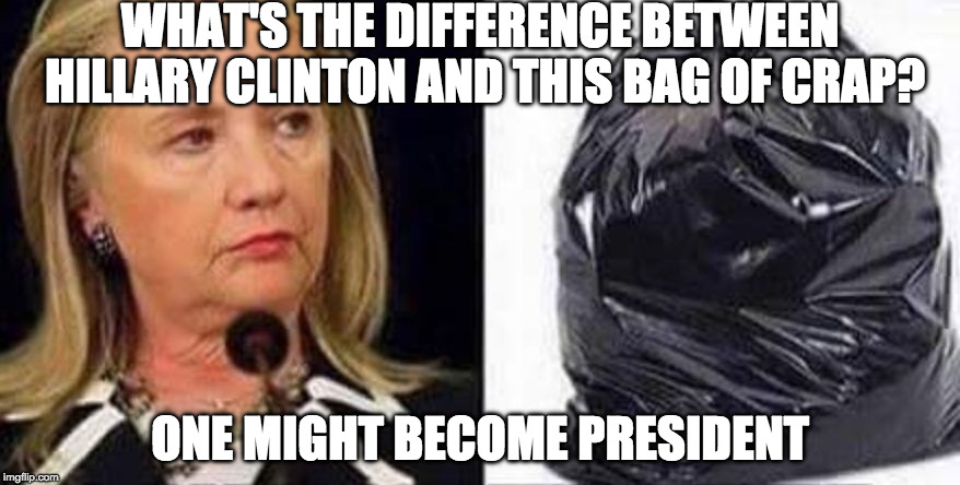 Crap 2016 | WHAT'S THE DIFFERENCE BETWEEN HILLARY CLINTON AND THIS BAG OF CRAP? ONE MIGHT BECOME PRESIDENT | image tagged in hillary bag of crap,hillary clinton,crap,trump,iwanttobebacon,bernie sanders | made w/ Imgflip meme maker