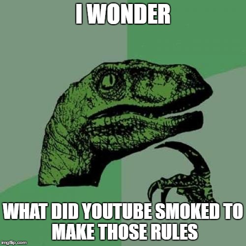 Philosoraptor Meme | I WONDER; WHAT DID YOUTUBE SMOKED
TO MAKE THOSE RULES | image tagged in memes,philosoraptor | made w/ Imgflip meme maker