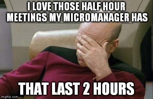 Captain Picard Facepalm Meme | I LOVE THOSE HALF HOUR MEETINGS MY MICROMANAGER HAS THAT LAST 2 HOURS | image tagged in memes,captain picard facepalm | made w/ Imgflip meme maker