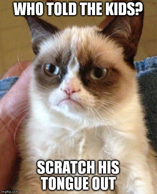 Grumpy Cat Meme | WHO TOLD THE KIDS? SCRATCH HIS TONGUE OUT | image tagged in memes,grumpy cat | made w/ Imgflip meme maker