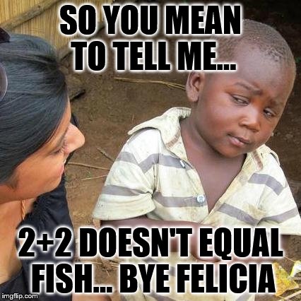 Third World Skeptical Kid Meme | SO YOU MEAN TO TELL ME... 2+2 DOESN'T EQUAL FISH... BYE FELICIA | image tagged in memes,third world skeptical kid | made w/ Imgflip meme maker