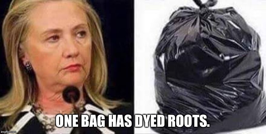 hillary bag of crap | ONE BAG HAS DYED ROOTS. | image tagged in hillary bag of crap | made w/ Imgflip meme maker