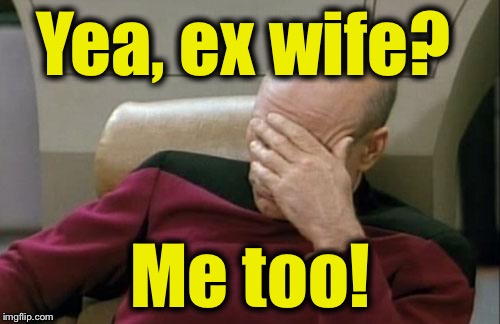 Captain Picard Facepalm Meme | Yea, ex wife? Me too! | image tagged in memes,captain picard facepalm | made w/ Imgflip meme maker