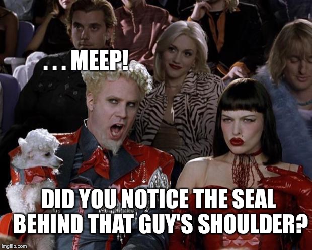 So spot right now !  | . . . MEEP! DID YOU NOTICE THE SEAL BEHIND THAT GUY'S SHOULDER? | image tagged in memes,mugatu so hot right now,seal,can't unsee | made w/ Imgflip meme maker