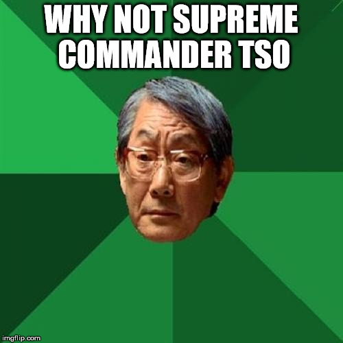 WHY NOT SUPREME COMMANDER TSO | image tagged in angry asian father 500x500 | made w/ Imgflip meme maker