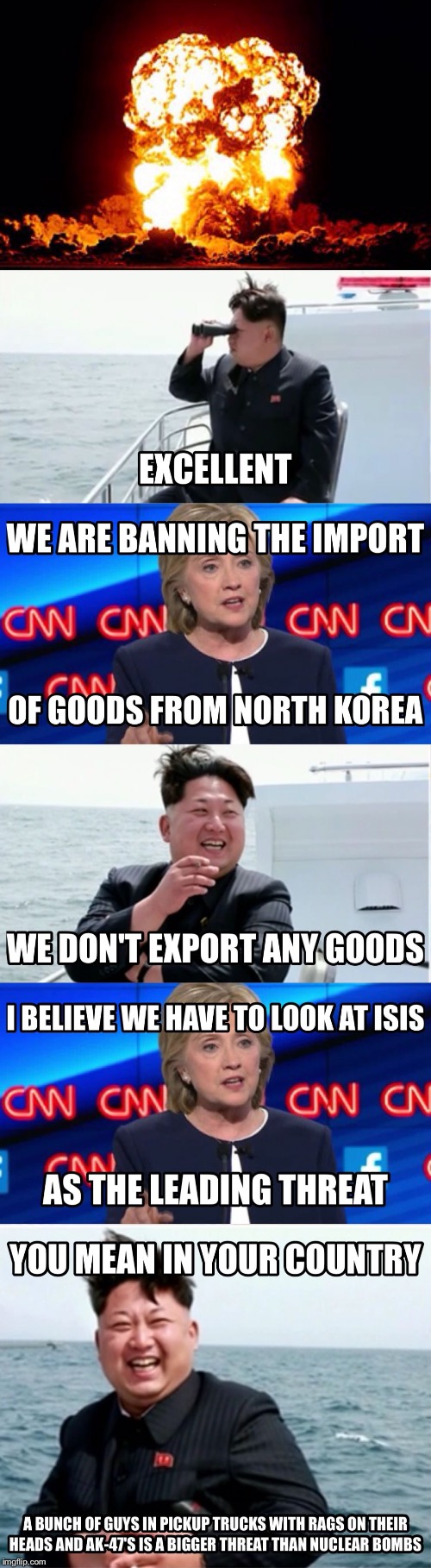 Tell Me More About You're Qualified to Have Nuclear Bombs, Lady. | . | image tagged in hillary,political meme,north korea,memes,nuclear bomb,kim jong un | made w/ Imgflip meme maker
