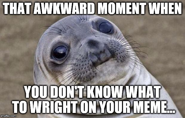 Awkward Moment Sealion | THAT AWKWARD MOMENT WHEN; YOU DON'T KNOW WHAT TO WRIGHT ON YOUR MEME... | image tagged in memes,awkward moment sealion | made w/ Imgflip meme maker