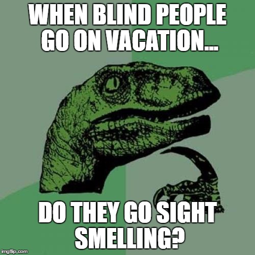 Blind Vacation | WHEN BLIND PEOPLE GO ON VACATION... DO THEY GO SIGHT SMELLING? | image tagged in memes,philosoraptor | made w/ Imgflip meme maker