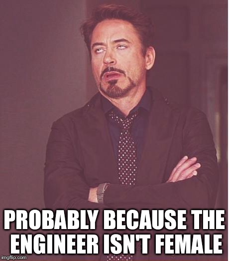Face You Make Robert Downey Jr Meme | PROBABLY BECAUSE THE ENGINEER ISN'T FEMALE | image tagged in memes,face you make robert downey jr | made w/ Imgflip meme maker
