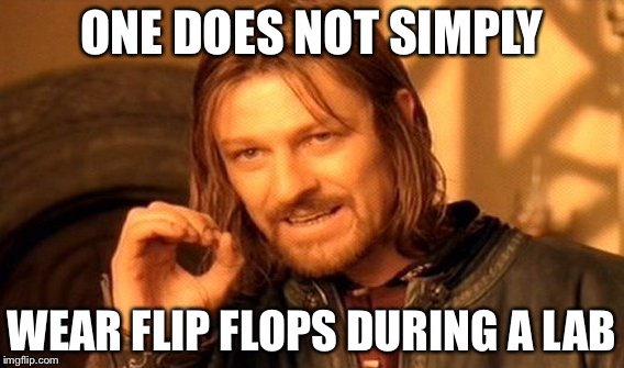 One Does Not Simply Meme | ONE DOES NOT SIMPLY; WEAR FLIP FLOPS DURING A LAB | image tagged in memes,one does not simply | made w/ Imgflip meme maker