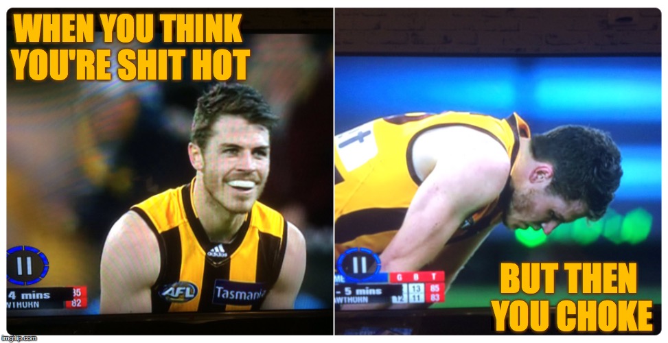 RABYE TRIGGERED | WHEN YOU THINK; YOU'RE SHIT HOT; BUT THEN YOU CHOKE | image tagged in afl,geelong cats,memes | made w/ Imgflip meme maker