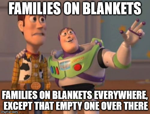 X, X Everywhere Meme | FAMILIES ON BLANKETS FAMILIES ON BLANKETS EVERYWHERE, EXCEPT THAT EMPTY ONE OVER THERE | image tagged in memes,x x everywhere | made w/ Imgflip meme maker