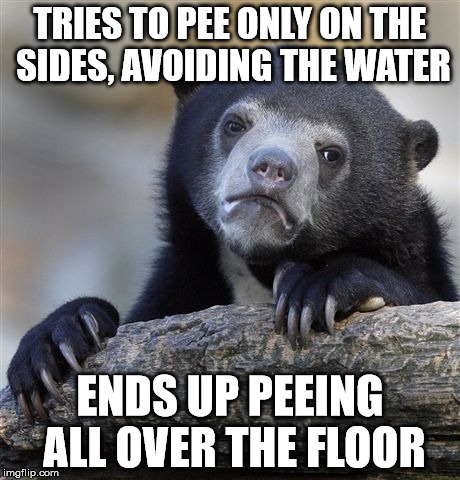 Confession Bear | TRIES TO PEE ONLY ON THE SIDES, AVOIDING THE WATER; ENDS UP PEEING ALL OVER THE FLOOR | image tagged in memes,confession bear,AdviceAnimals | made w/ Imgflip meme maker