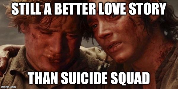 Frodo and Sam | STILL A BETTER LOVE STORY; THAN SUICIDE SQUAD | image tagged in lord of the rings,frodo | made w/ Imgflip meme maker