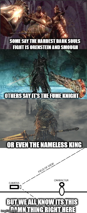 Difficulty  | SOME SAY THE HARDEST DARK SOULS FIGHT IS ORENSTEIN AND SMOUGH; OTHERS SAY IT'S THE FUME KNIGHT; OR EVEN THE NAMELESS KING; BUT WE ALL KNOW ITS THIS DAMN THING RIGHT HERE | image tagged in dark souls | made w/ Imgflip meme maker