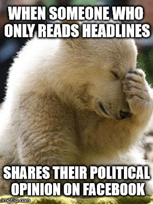 Facepalm Bear | WHEN SOMEONE WHO ONLY READS HEADLINES; SHARES THEIR POLITICAL OPINION ON FACEBOOK | image tagged in memes,facepalm bear | made w/ Imgflip meme maker