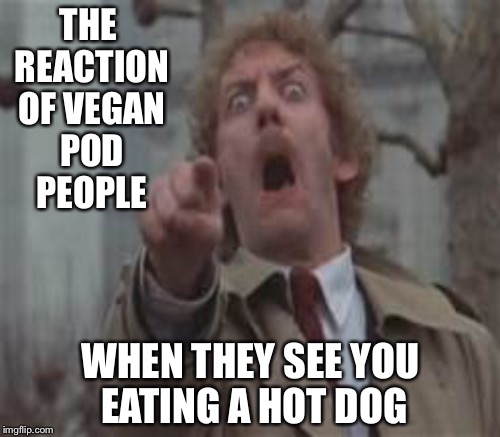 go away... i'm having lunch | THE REACTION OF VEGAN POD PEOPLE; WHEN THEY SEE YOU EATING A HOT DOG | image tagged in memes | made w/ Imgflip meme maker
