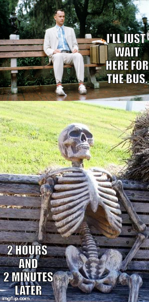Nothing against Forrest Gump, but he waits for the bus for 2 hours... | I'LL JUST WAIT HERE FOR THE BUS. 2 HOURS AND 2 MINUTES LATER | image tagged in forrest gump,waiting skeleton | made w/ Imgflip meme maker