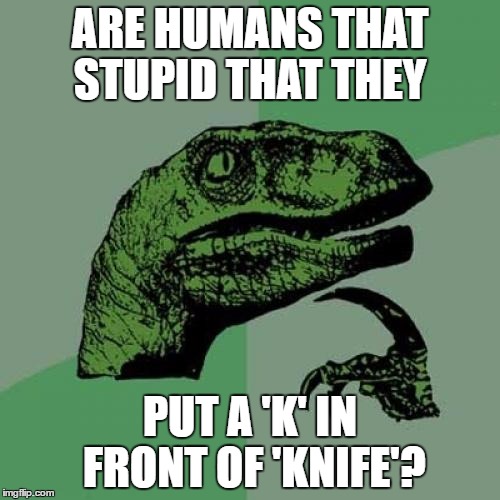 Philosoraptor Meme | ARE HUMANS THAT STUPID THAT THEY; PUT A 'K' IN FRONT OF 'KNIFE'? | image tagged in memes,philosoraptor | made w/ Imgflip meme maker