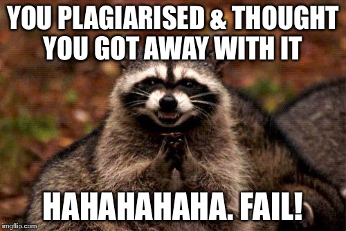 Evil Plotting Raccoon | YOU PLAGIARISED & THOUGHT YOU GOT AWAY WITH IT; HAHAHAHAHA. FAIL! | image tagged in memes,evil plotting raccoon | made w/ Imgflip meme maker