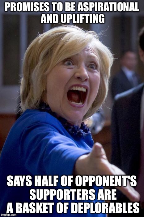Hillary may be showing a little bit of desperation | PROMISES TO BE ASPIRATIONAL AND UPLIFTING; SAYS HALF OF OPPONENT'S SUPPORTERS ARE A BASKET OF DEPLORABLES | image tagged in wtf hillary,memes | made w/ Imgflip meme maker