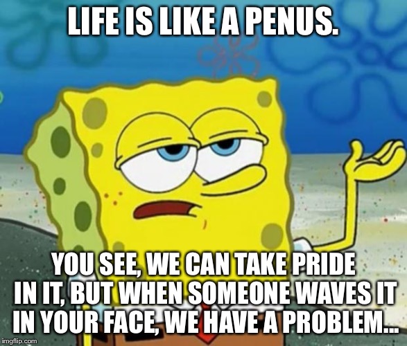 Inspired by the comments on YouTube... | LIFE IS LIKE A PENUS. YOU SEE, WE CAN TAKE PRIDE IN IT, BUT WHEN SOMEONE WAVES IT IN YOUR FACE, WE HAVE A PROBLEM... | image tagged in tough guy sponge bob | made w/ Imgflip meme maker