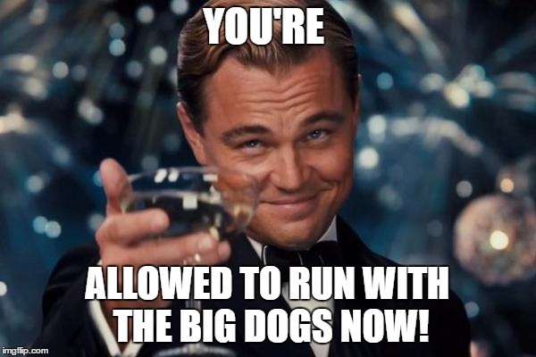 Leonardo Dicaprio Cheers Meme | YOU'RE ALLOWED TO RUN WITH THE BIG DOGS NOW! | image tagged in memes,leonardo dicaprio cheers | made w/ Imgflip meme maker