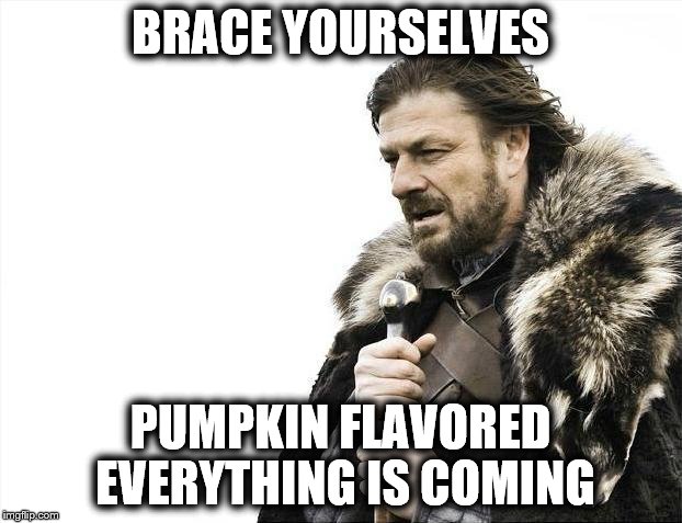 Pumpkin Flavored Everything is Coming | BRACE YOURSELVES; PUMPKIN FLAVORED EVERYTHING IS COMING | image tagged in memes,brace yourselves x is coming,pumpkin,fall,halloween,funny | made w/ Imgflip meme maker