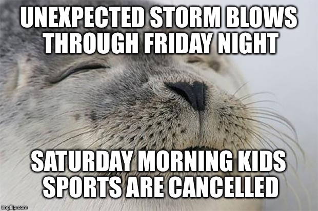 Satisfied Seal | UNEXPECTED STORM BLOWS THROUGH FRIDAY NIGHT; SATURDAY MORNING KIDS SPORTS ARE CANCELLED | image tagged in memes,satisfied seal,AdviceAnimals | made w/ Imgflip meme maker