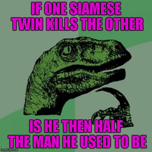 Philosoraptor Meme | IF ONE SIAMESE TWIN KILLS THE OTHER IS HE THEN HALF THE MAN HE USED TO BE | image tagged in memes,philosoraptor | made w/ Imgflip meme maker