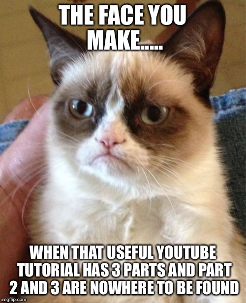 Grumpy Cat |  THE FACE YOU MAKE..... WHEN THAT USEFUL YOUTUBE TUTORIAL HAS 3 PARTS AND PART 2 AND 3 ARE NOWHERE TO BE FOUND | image tagged in memes,grumpy cat | made w/ Imgflip meme maker