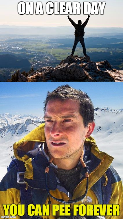 an old hiking joke, refreshed by bear | ON A CLEAR DAY; YOU CAN PEE FOREVER | image tagged in shout it from the mountain tops,bear grylls,memes | made w/ Imgflip meme maker